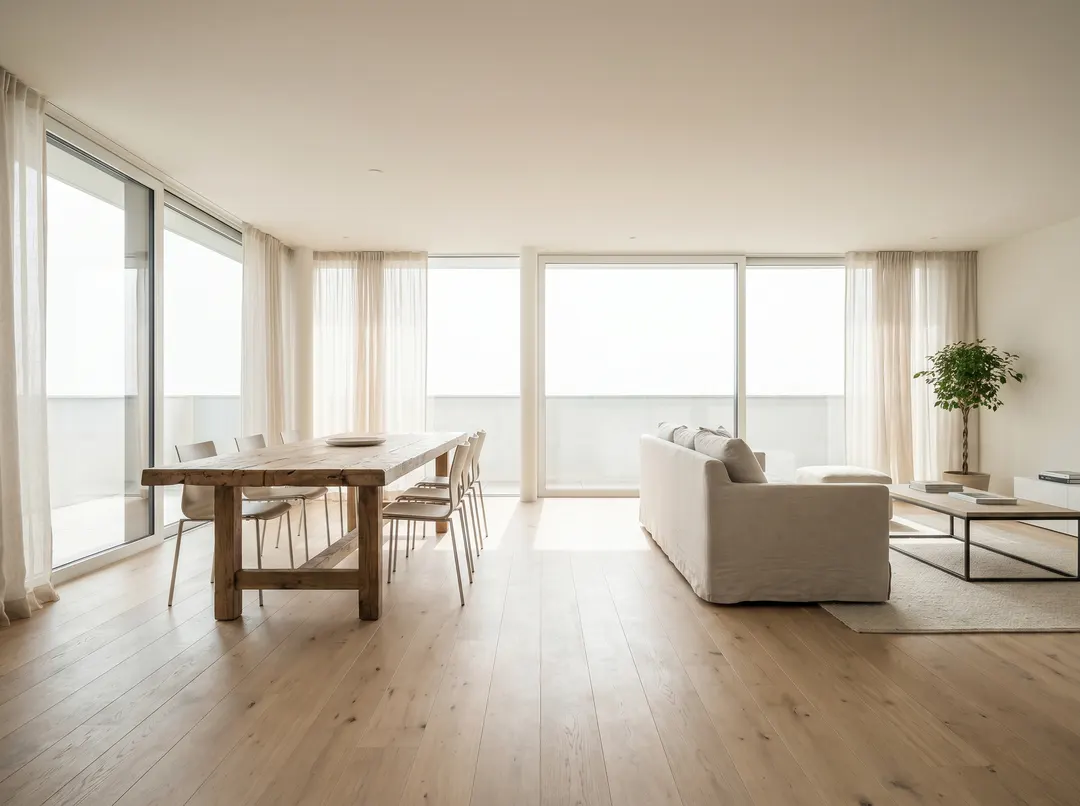 Aire ouverte avec salon, salle à manger, grandes fenêtres et plancher de bois clair