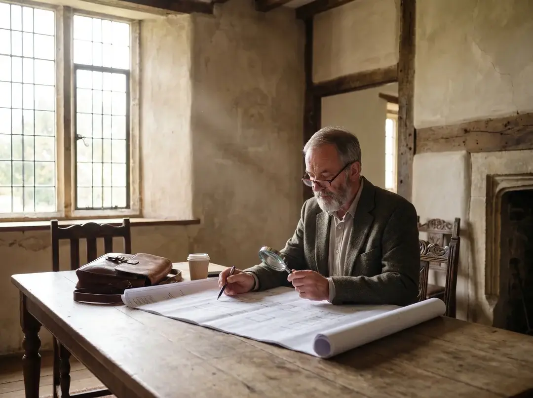 Architect reviewing blueprints in a heritage house