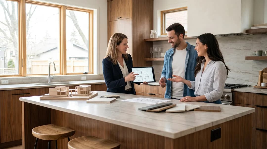 Architect presenting renovation plans to a couple at modern kitchen island