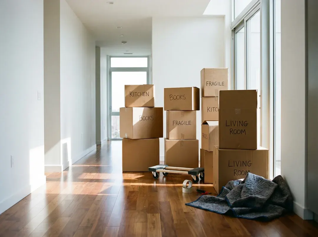 Boîtes de déménagement empilées dans un corridor de maison moderne