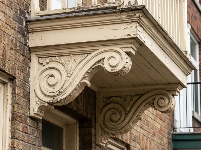 Détail d'une console de balcon blanche avec volutes et feuilles d'acanthe