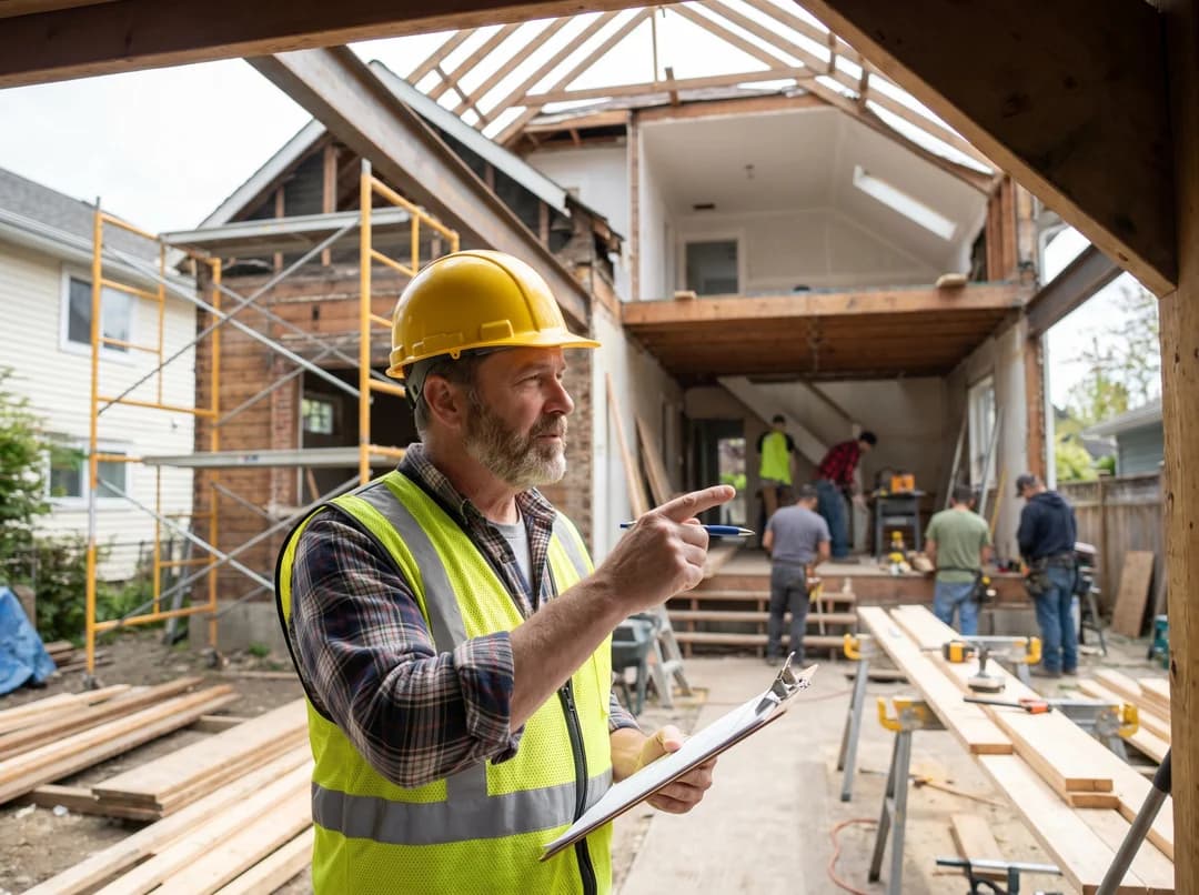 Contractor with hard hat and clipboard at a residential renovation jobsite