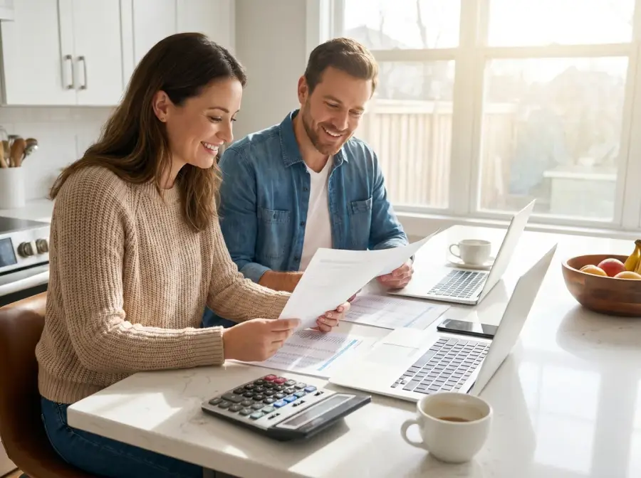 Couple qui révise des documents de financement avec calculatrice à l'îlot de cuisine