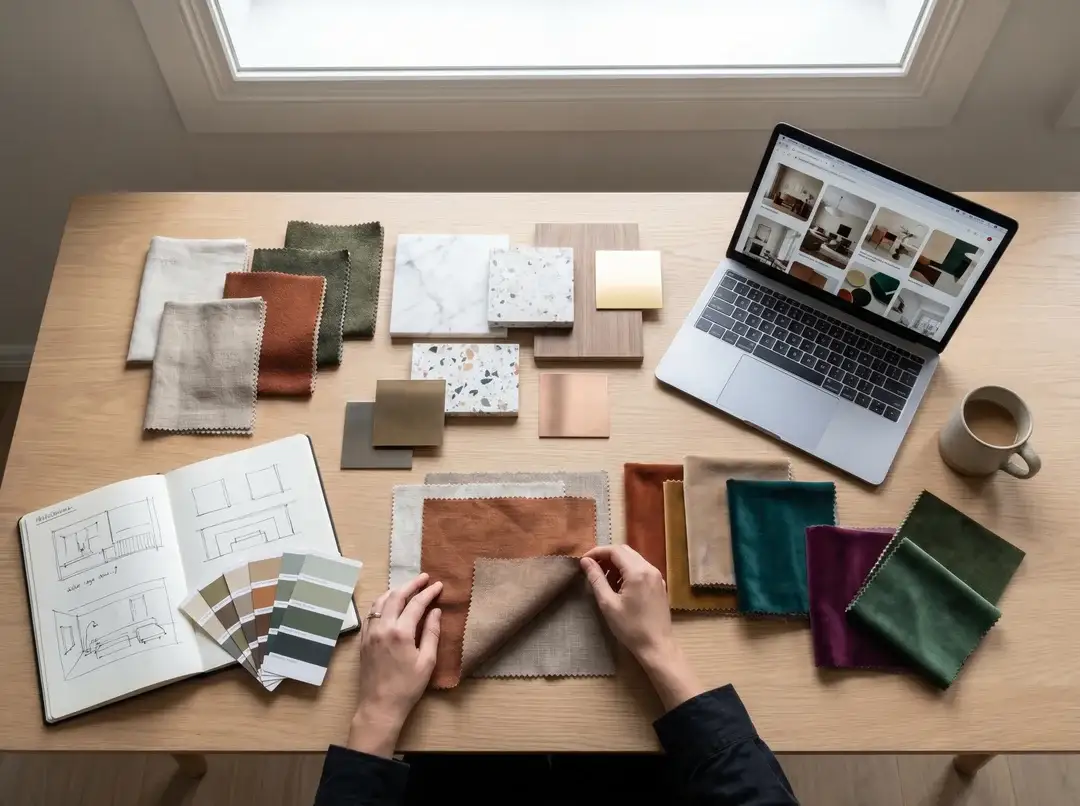 Designer d'intérieur travaillant avec des échantillons de tissus et matériaux