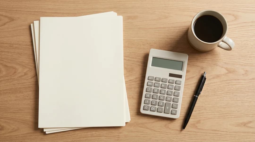Pile de documents vierges sur bureau en bois avec calculatrice et tasse de café