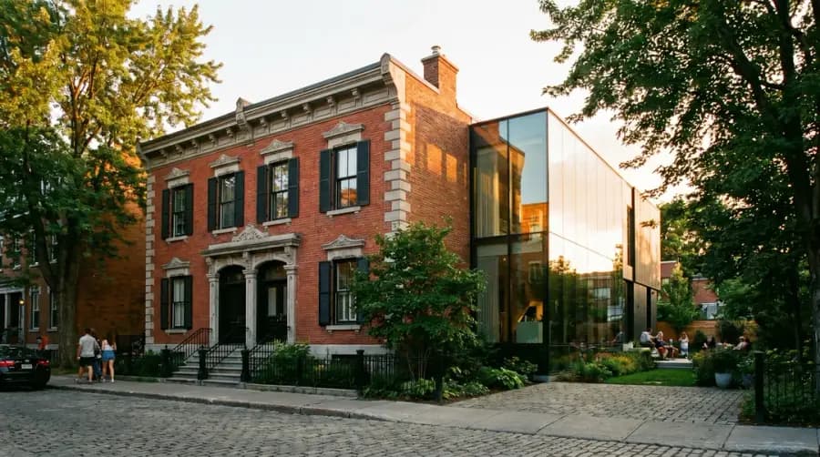 Duplex montréalais en brique rouge avec extension contemporaine en verre, lumière dorée