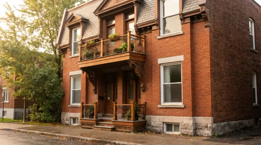 Duplex montréalais en brique rouge avec balcons soutenus par des consoles de bois ouvragées