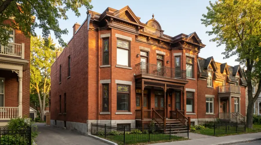Duplex victorien en brique rouge avec ornements en bois, rue résidentielle de Montréal en automne