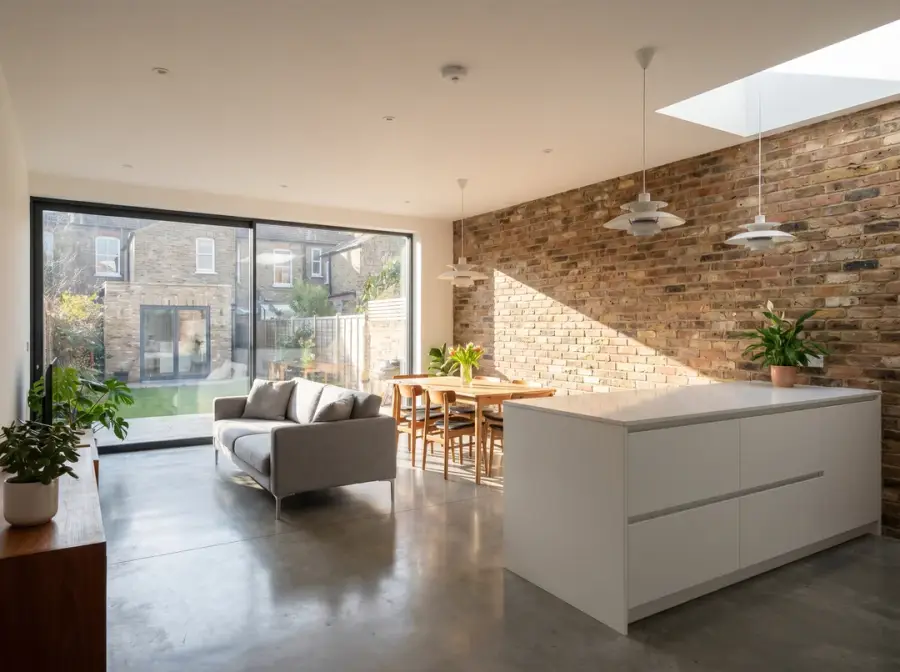 Extension moderne avec mur de brique, espace ouvert et verrière