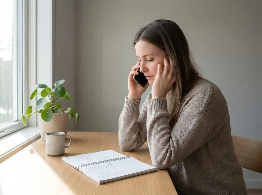 Femme au téléphone avec carnet de notes ouvert sur un bureau à domicile