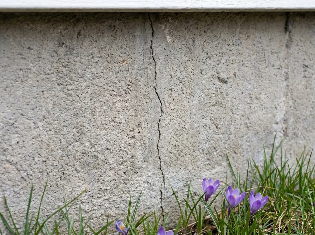 Fissure verticale dans un mur de fondation au printemps avec crocus