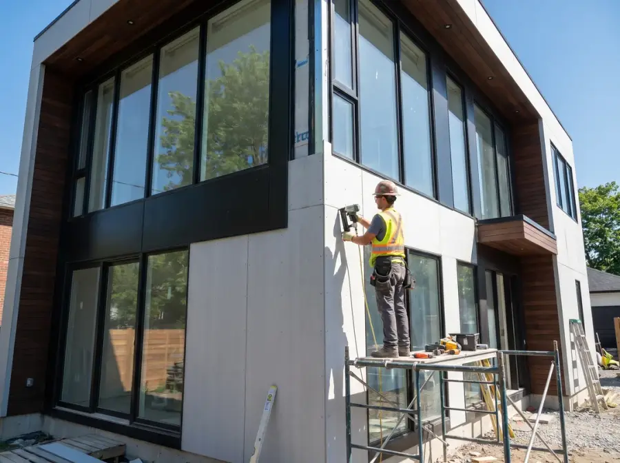 Installation de panneaux de fibrociment sur un chantier moderne