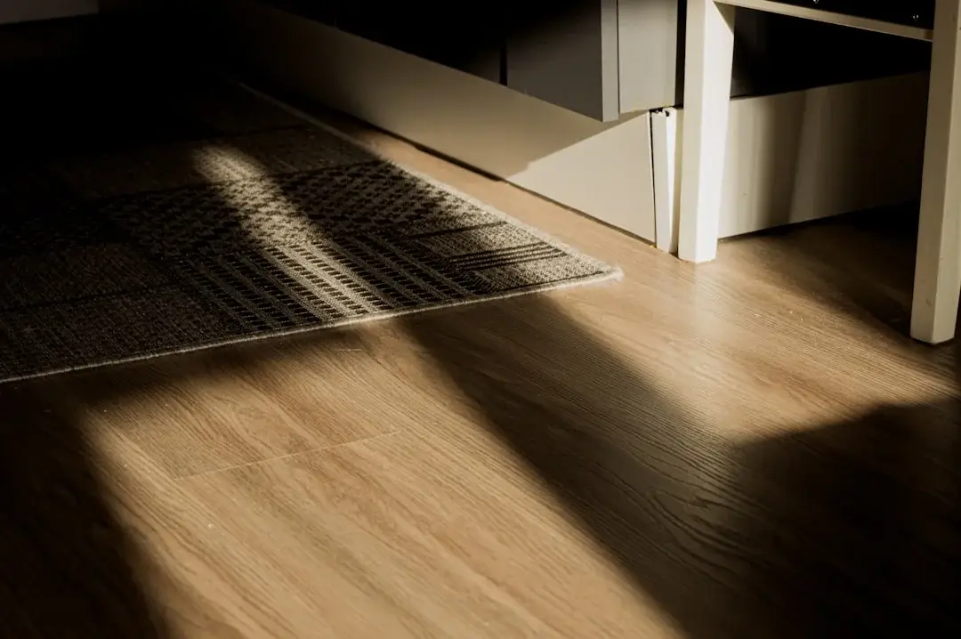 Lumière naturelle et ombre projetée sur un plancher en bois clair avec coin de tapis foncé