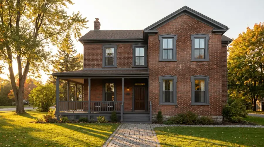 Maison patrimoniale québécoise en brique rouge avec boiseries grises fraîchement peintes au coucher du soleil