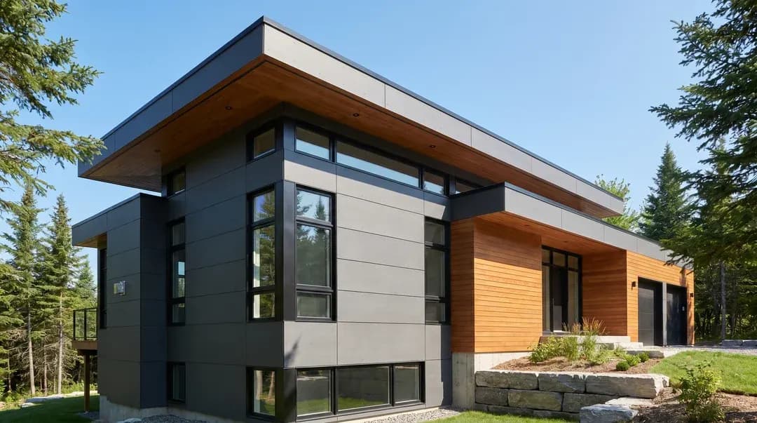 Modern Quebec home with mixed fibre cement and cedar siding