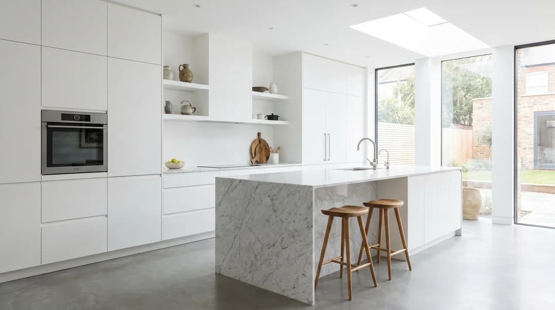 Modern renovated kitchen with white cabinets and marble island, natural light