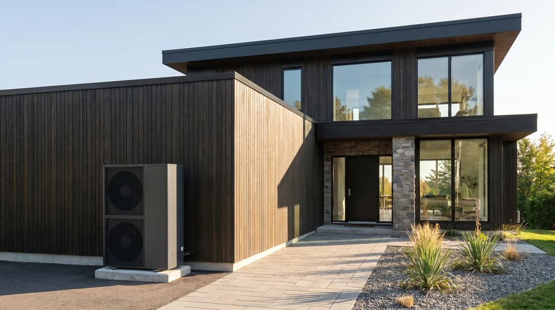 Modern wood-clad Quebec home with exterior heat pump
