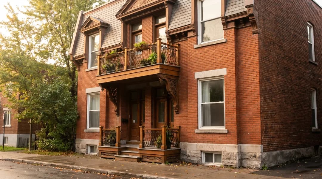 Montreal red brick duplex with balconies supported by carved wooden brackets