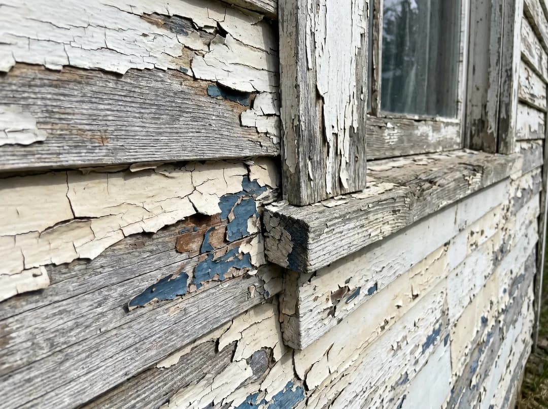 Peeling exterior paint on wood clapboards around a window