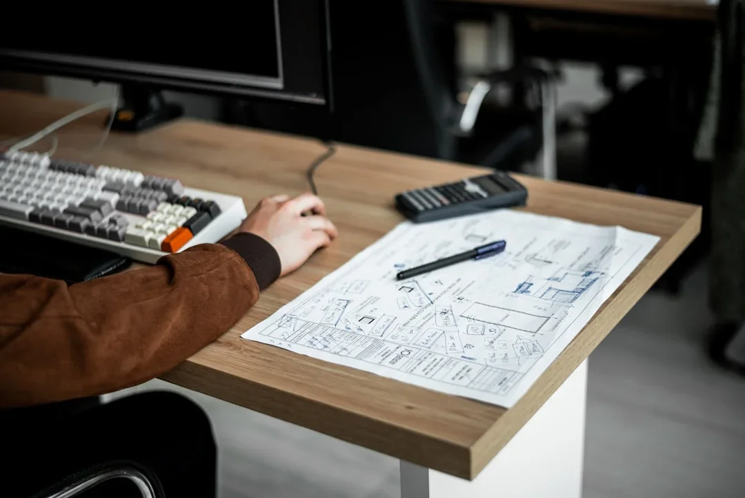 Plan de rénovation posé sur un bureau avec calculatrice et ordinateur