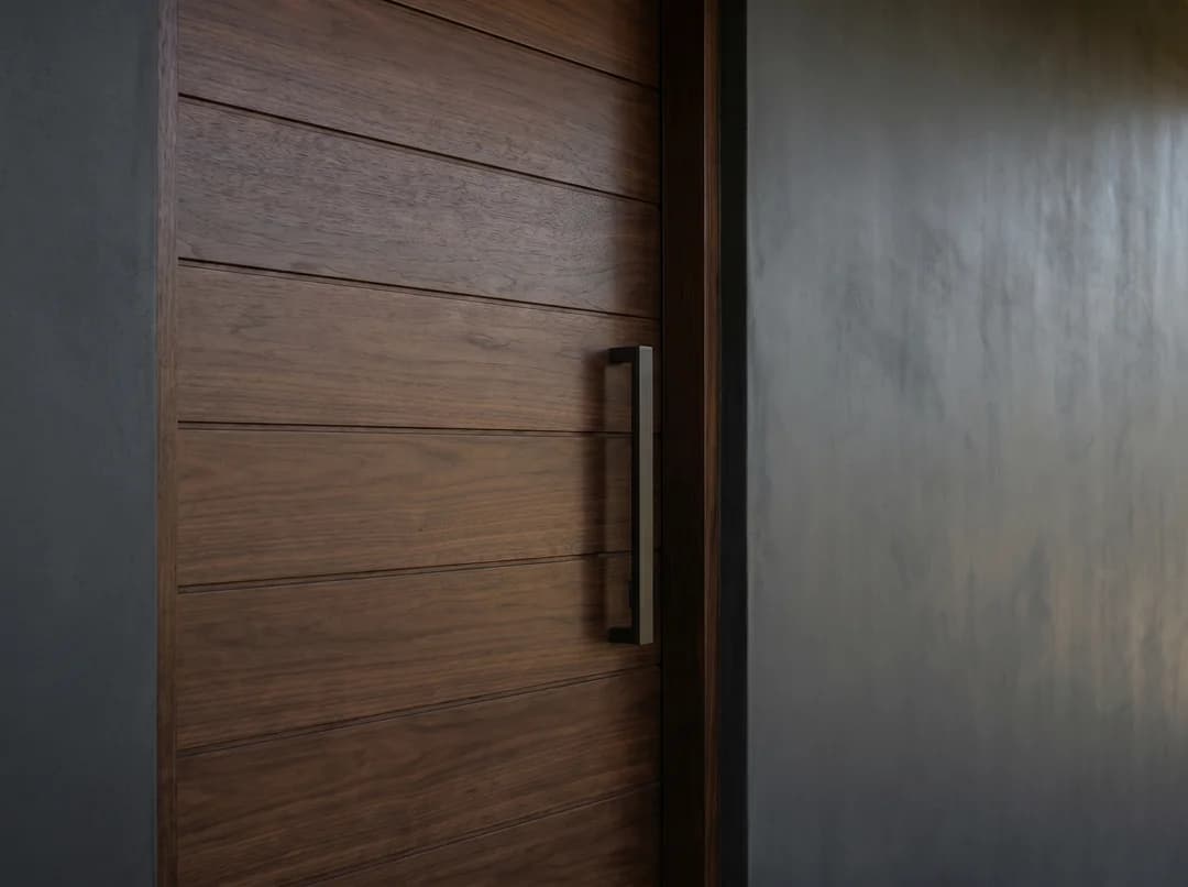 Porte d'entrée moderne en bois de noyer, détail architectural minimaliste