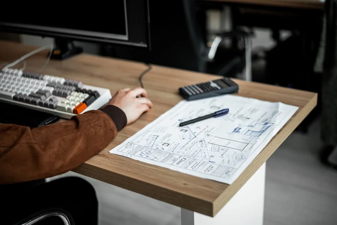 Architectural renovation blueprint laid on a wooden desk with a calculator and computer keyboard