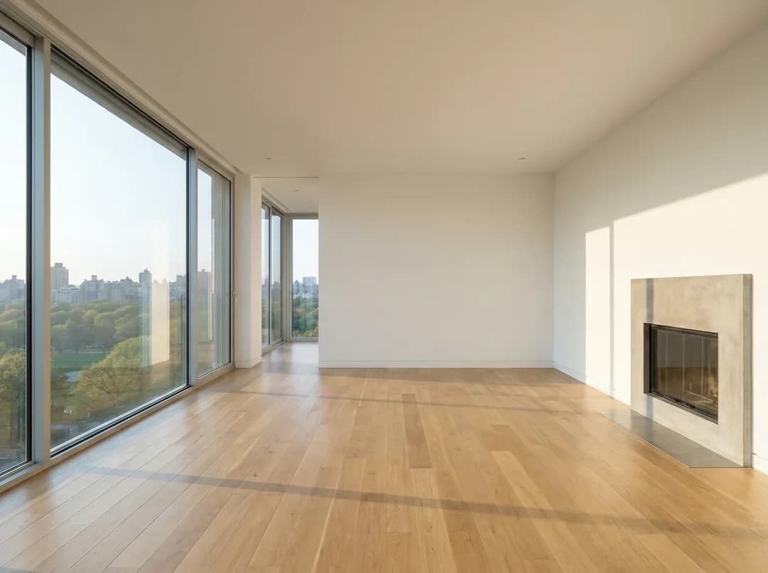 Salon moderne vide avec grandes fenêtres et plancher de bois franc
