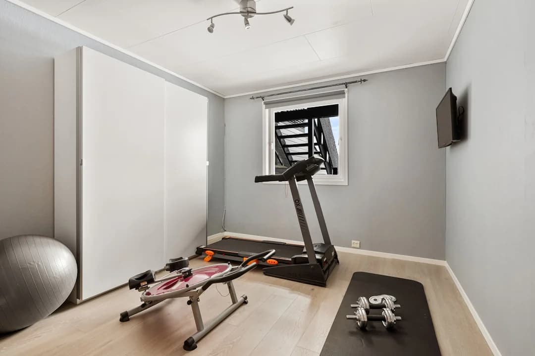 Salle d'entraînement moderne dans un sous-sol fini avec équipements de gym