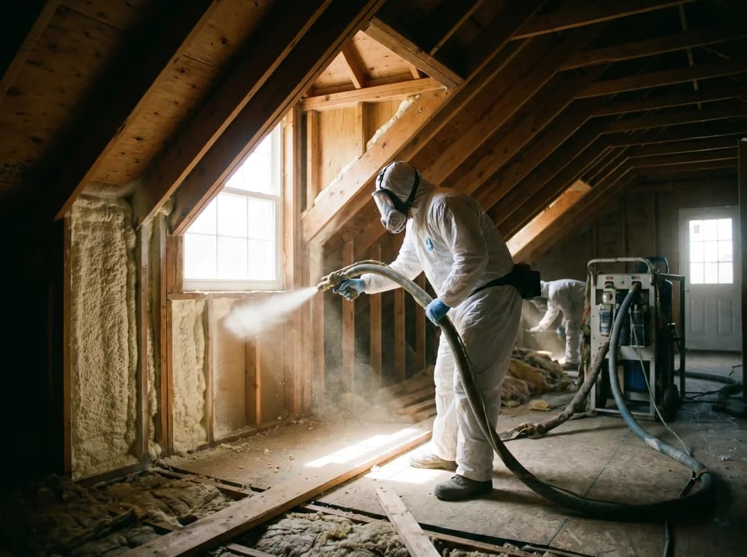 Spray foam insulation installation in residential attic