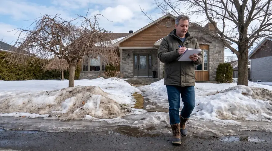 Homeowner with notebook inspecting suburban home in spring after thaw