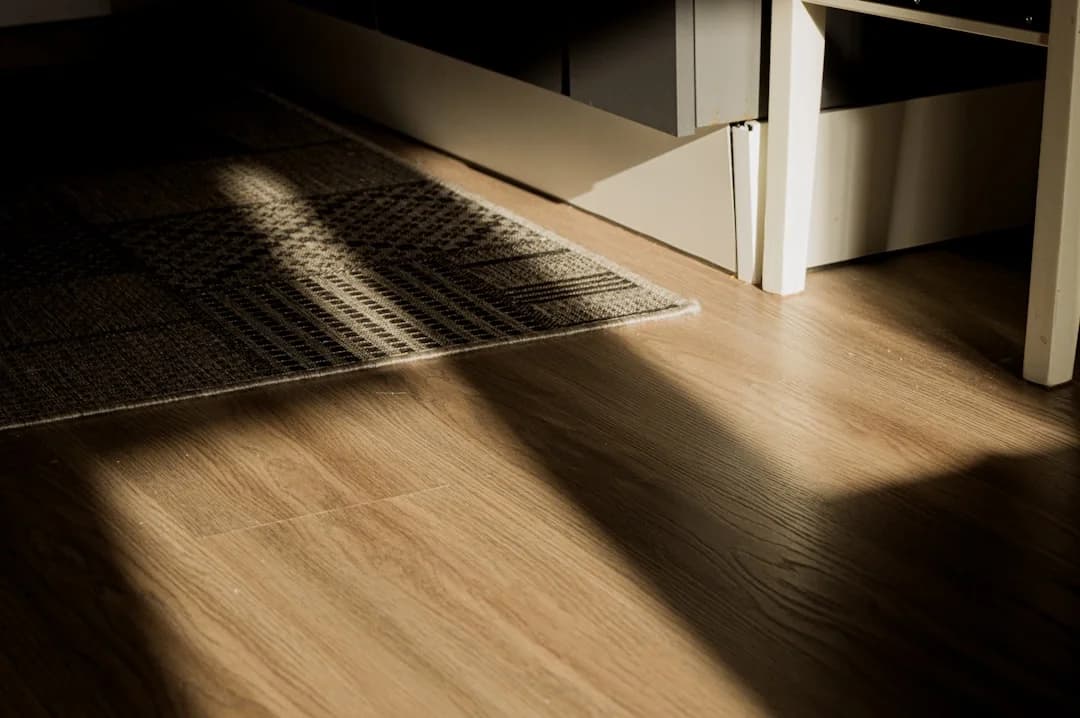 Natural light and shadow cast across a warm light wood floor with a dark rug edge