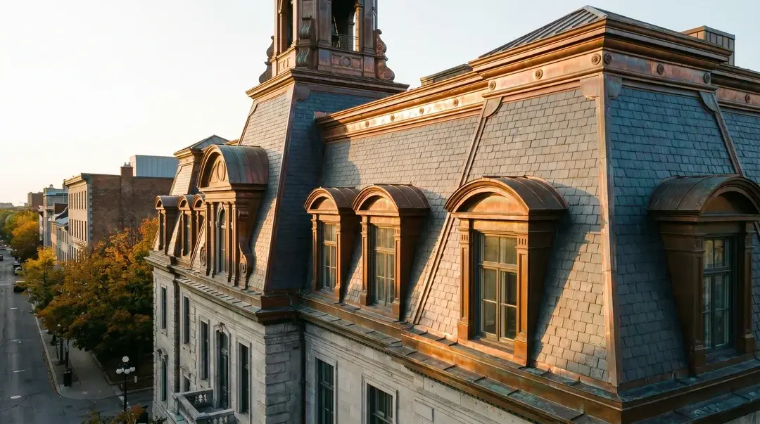Toit mansardé en ardoise avec lucarnes cintrées en cuivre, Montréal, lumière dorée