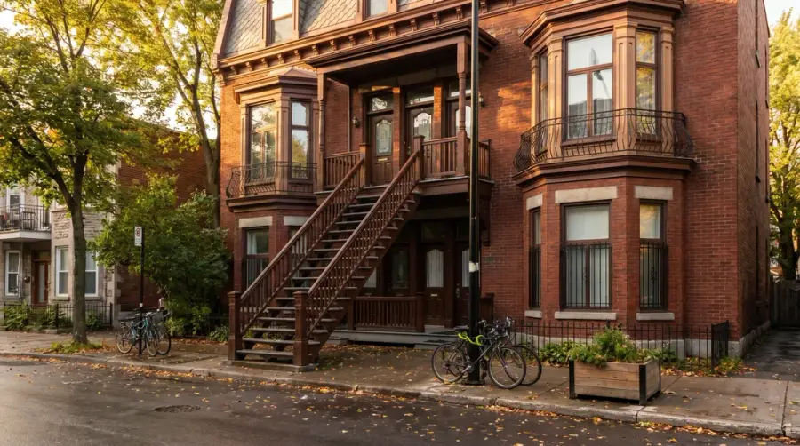 Triplex patrimonial du Plateau-Mont-Royal en brique rouge avec escalier extérieur en bois