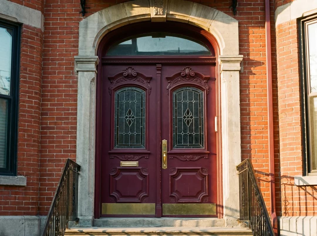 Victorian entry door with stained glass fanlight and stone columns, warm evening light