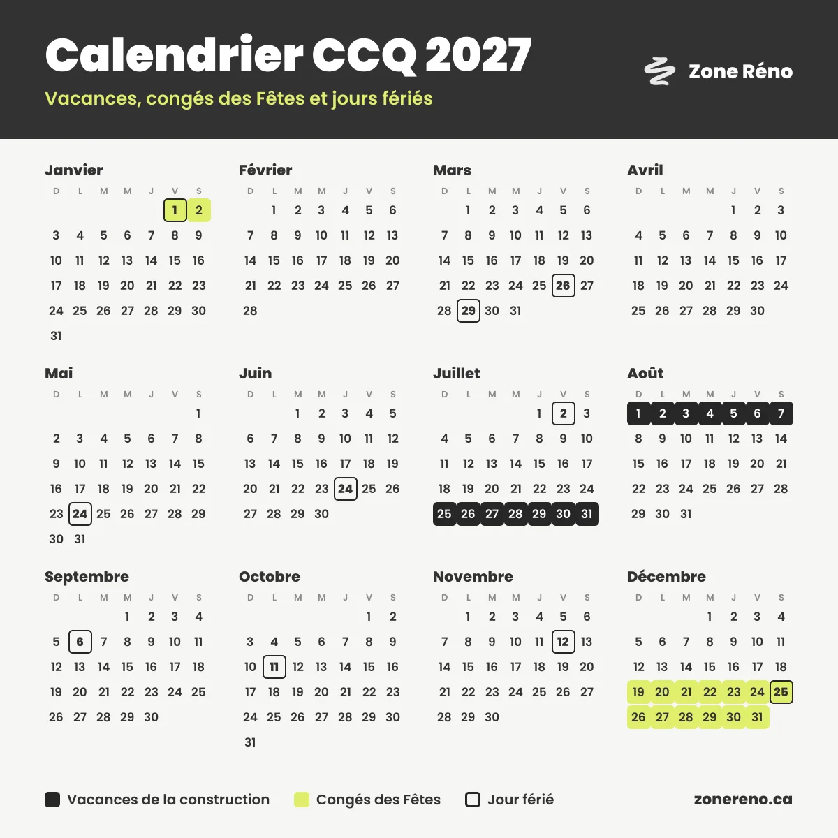 Calendrier CCQ 2027 : vacances de la construction, congés des Fêtes et jours fériés