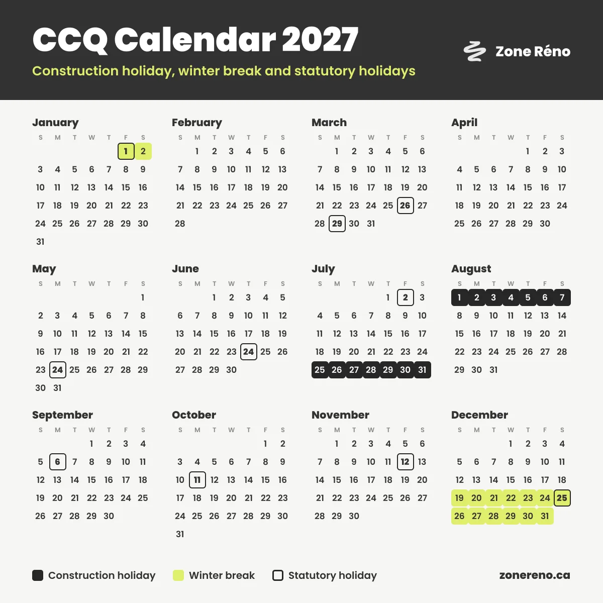 CCQ Calendar 2027: construction holiday, winter break and statutory holidays