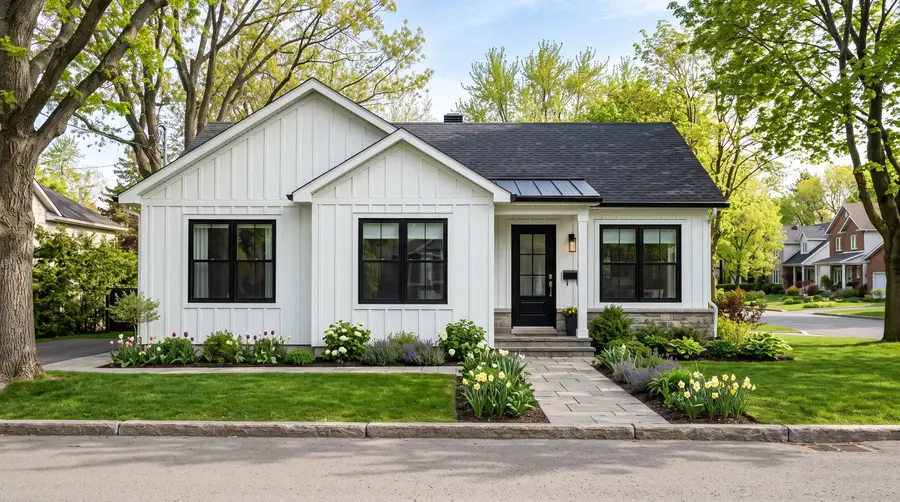 Bungalow blanc au toit de bardeaux noirs