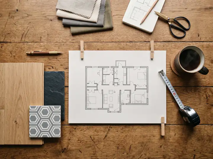 Plans et échantillons de matériaux sur une table
