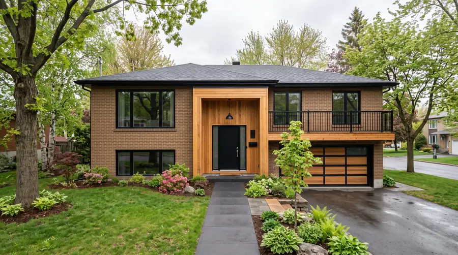 Maison à paliers rénovée, brique et cèdre