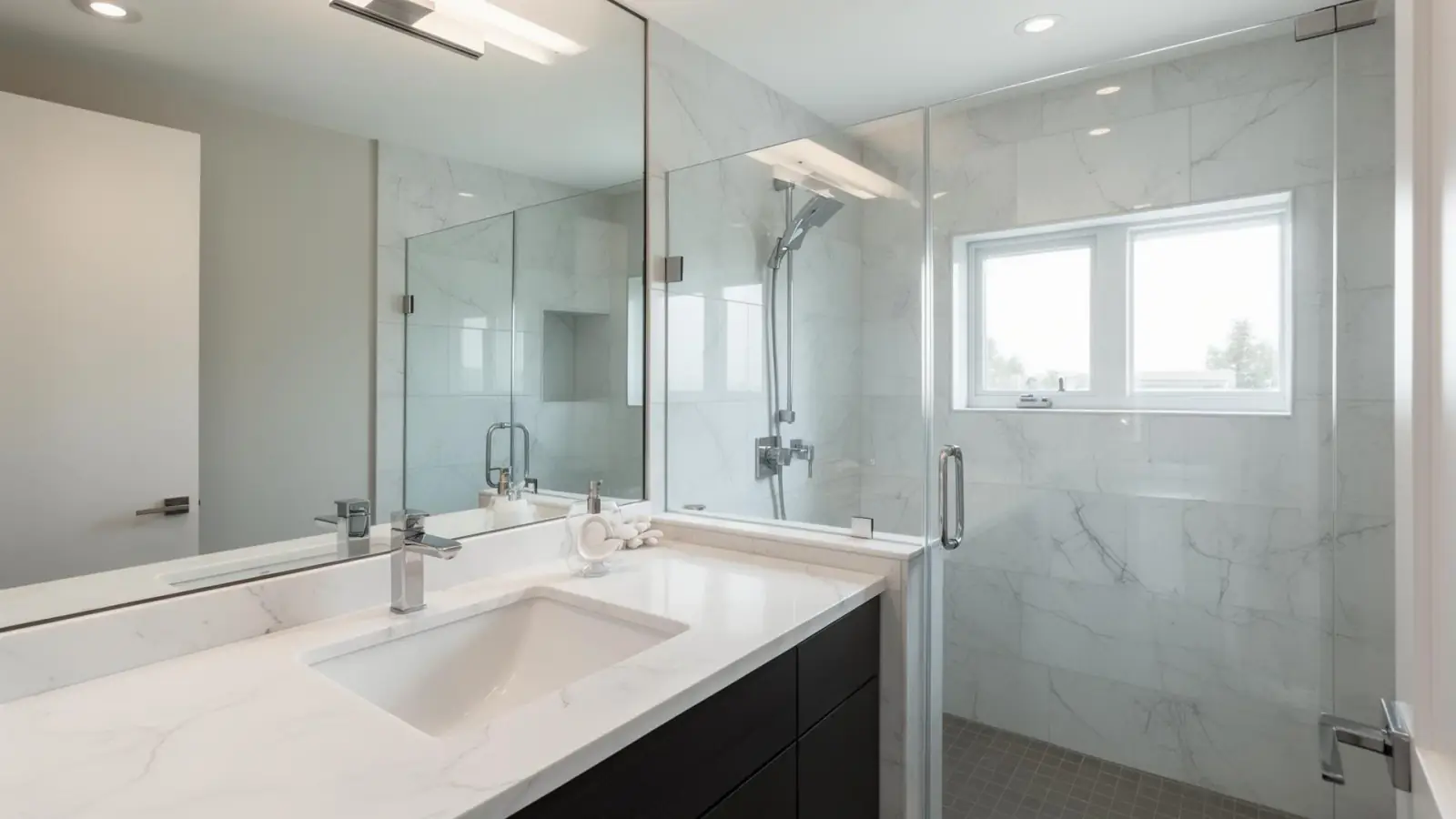 Renovated bathroom with a glass shower and a white quartz vanity