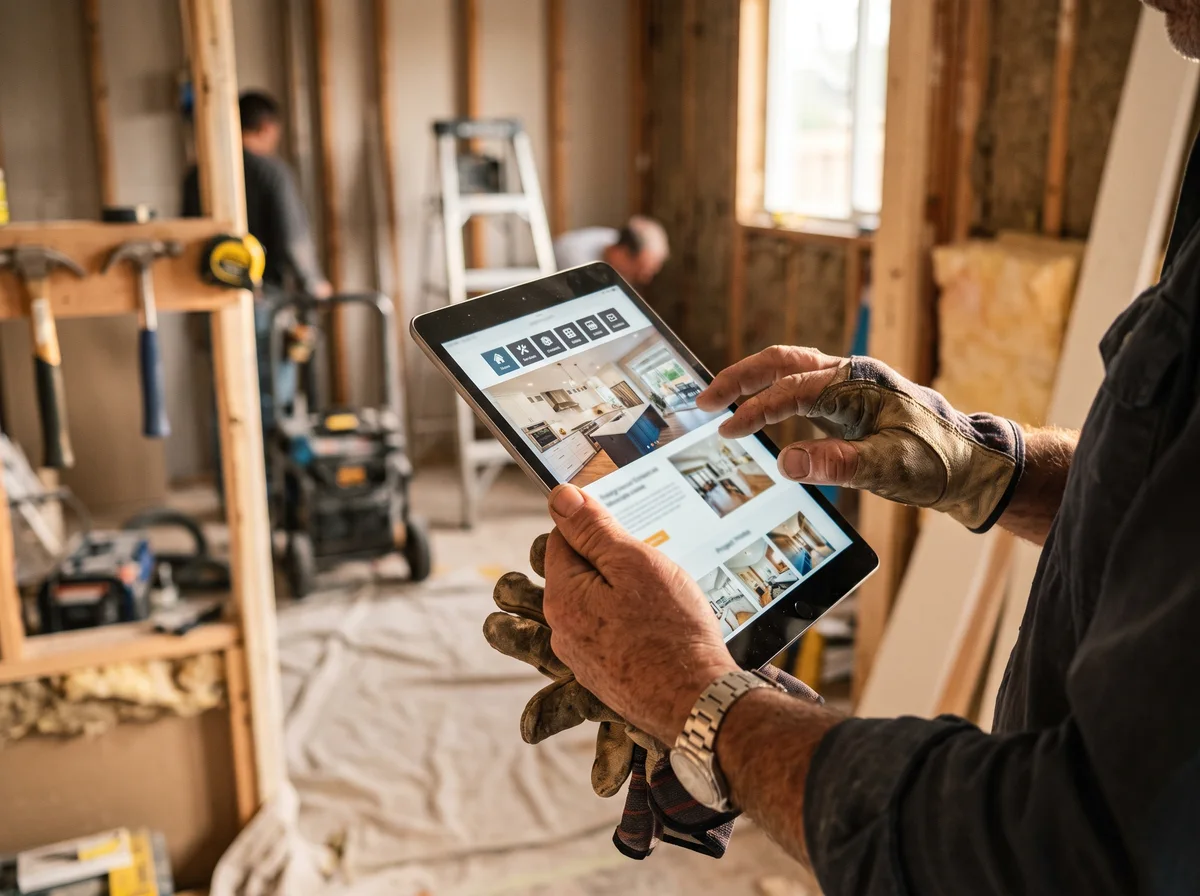 Une tablette qui montre le nouveau site d'un entrepreneur, sur un chantier